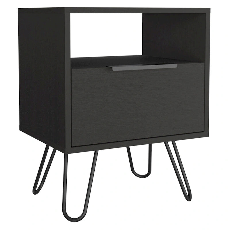 Black Nightstand with Open Shelf, Single-Door Cabinet and Hairpin Legs