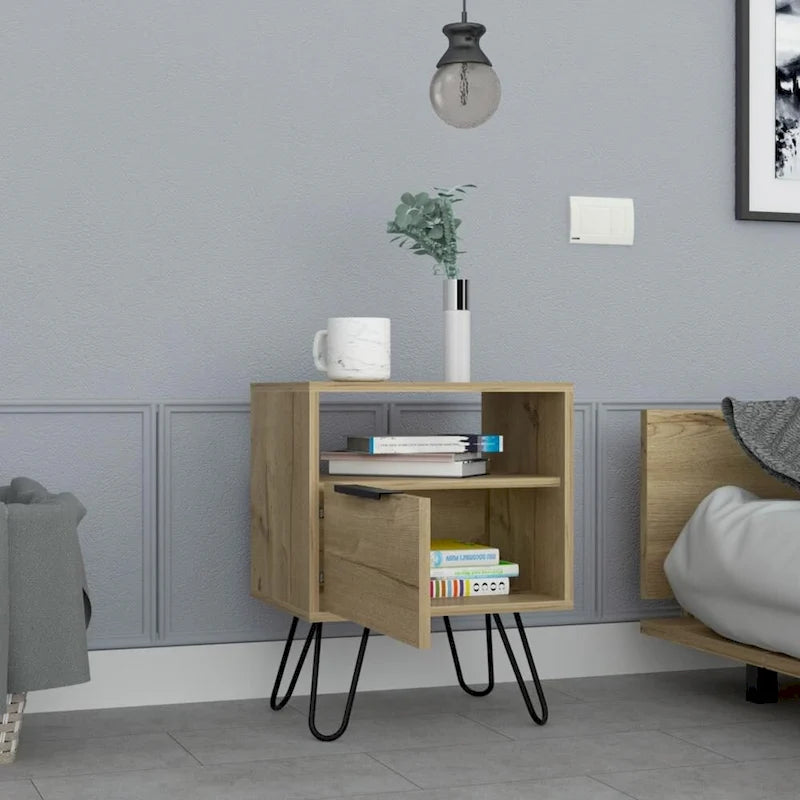Black Nightstand with Open Shelf, Single-Door Cabinet and Hairpin Legs