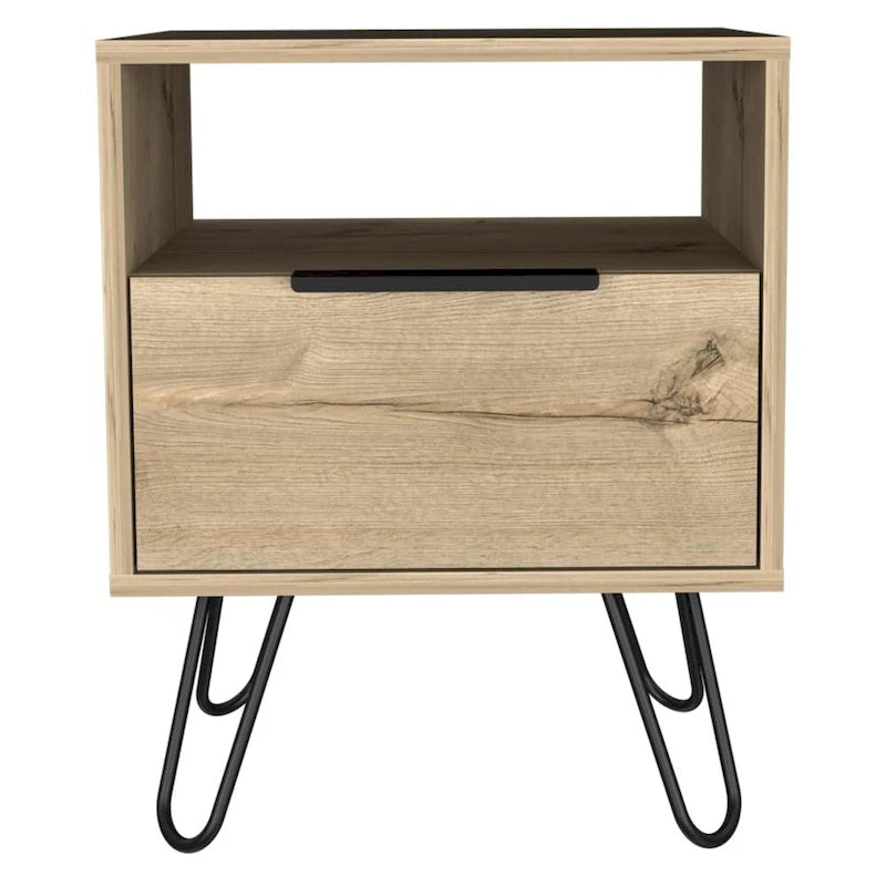 Black Nightstand with Open Shelf, Single-Door Cabinet and Hairpin Legs