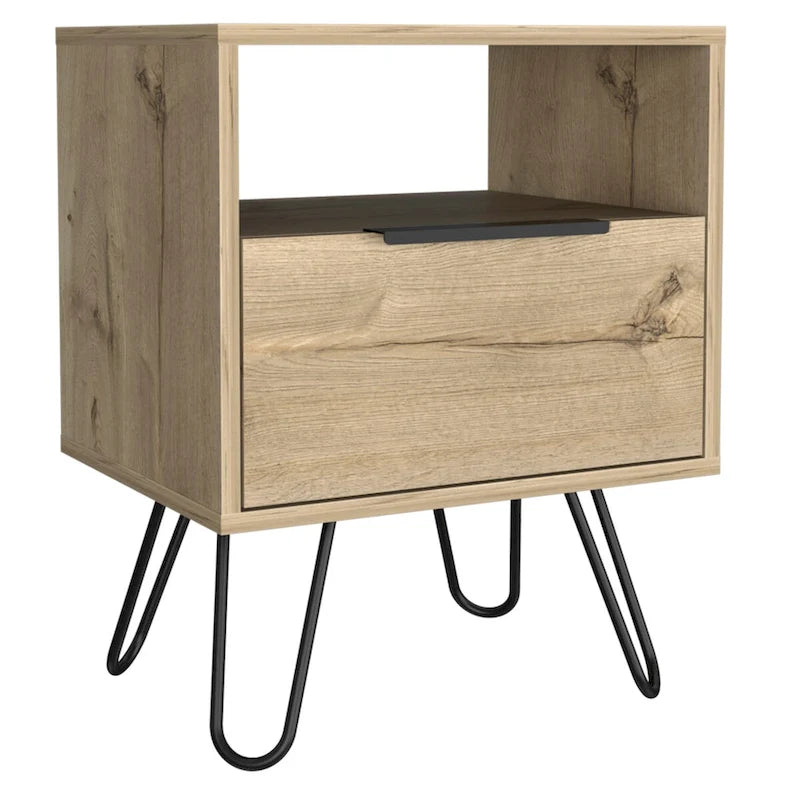 Black Nightstand with Open Shelf, Single-Door Cabinet and Hairpin Legs