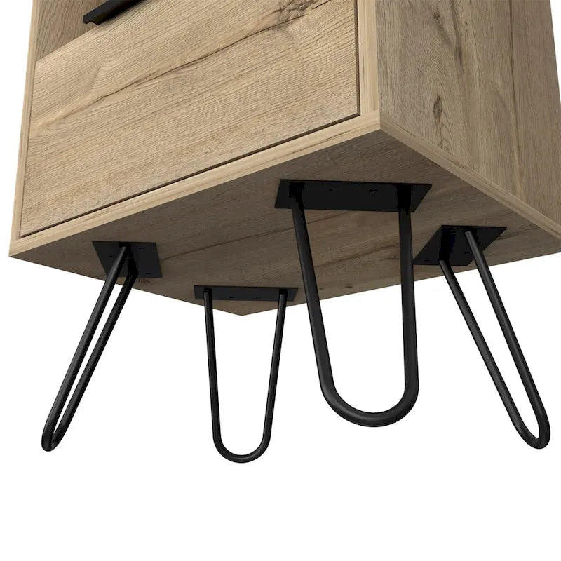 Black Nightstand with Open Shelf, Single-Door Cabinet and Hairpin Legs