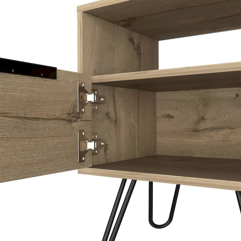 Black Nightstand with Open Shelf, Single-Door Cabinet and Hairpin Legs