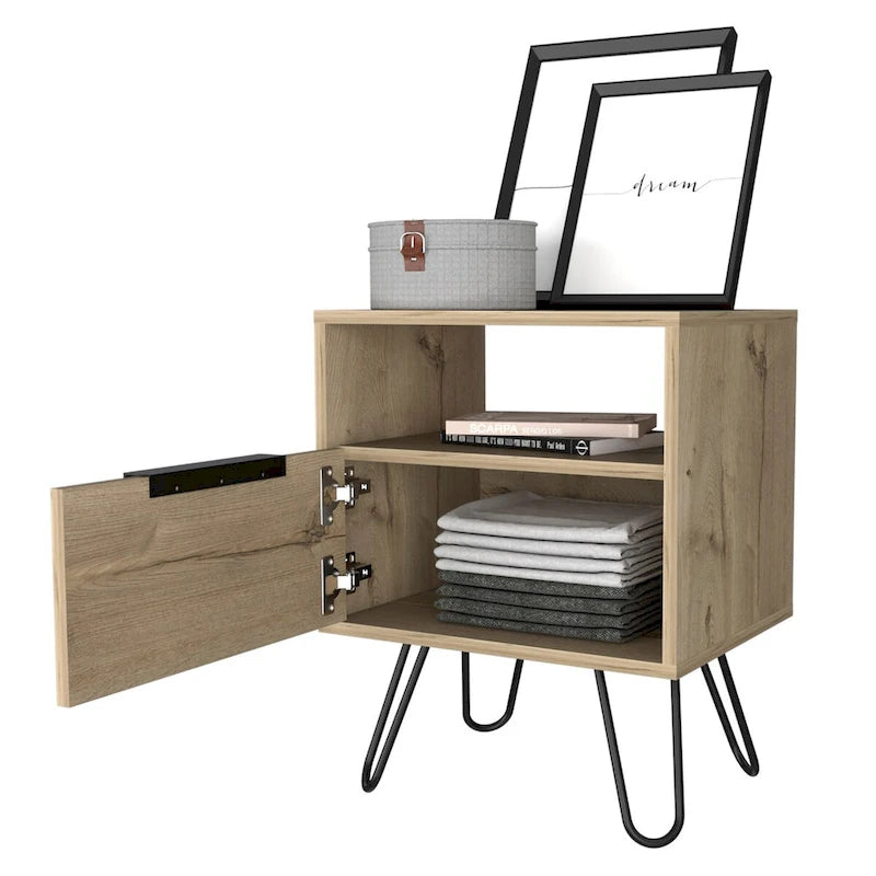 Black Nightstand with Open Shelf, Single-Door Cabinet and Hairpin Legs