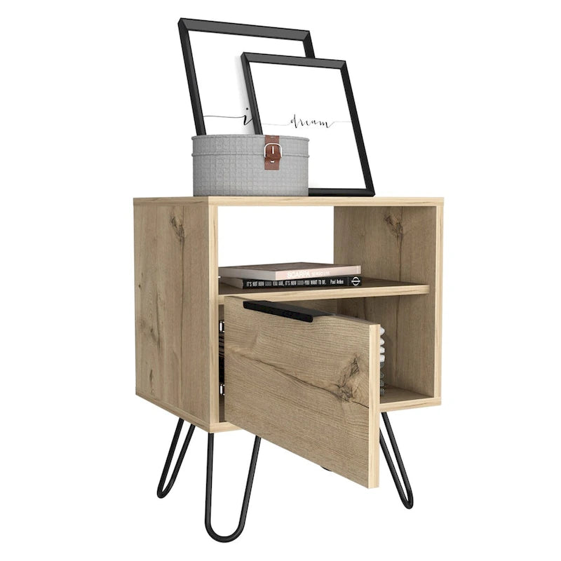 Black Nightstand with Open Shelf, Single-Door Cabinet and Hairpin Legs