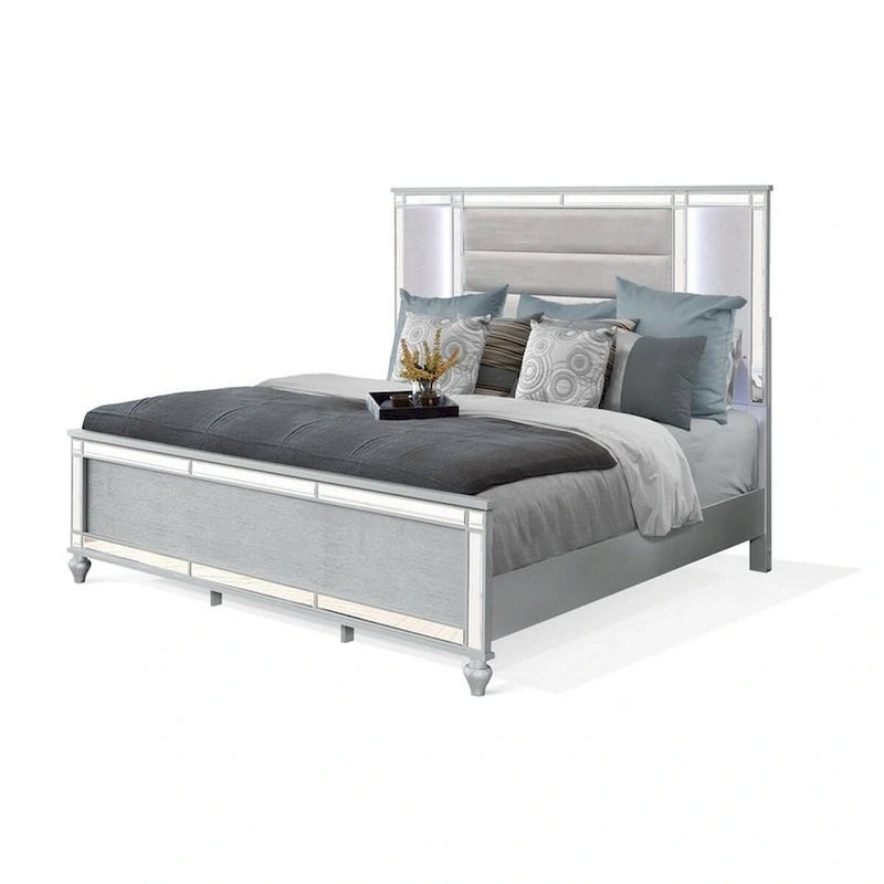 Modern King Size Bed with LED Lighting and Silver Velvet Upholstery