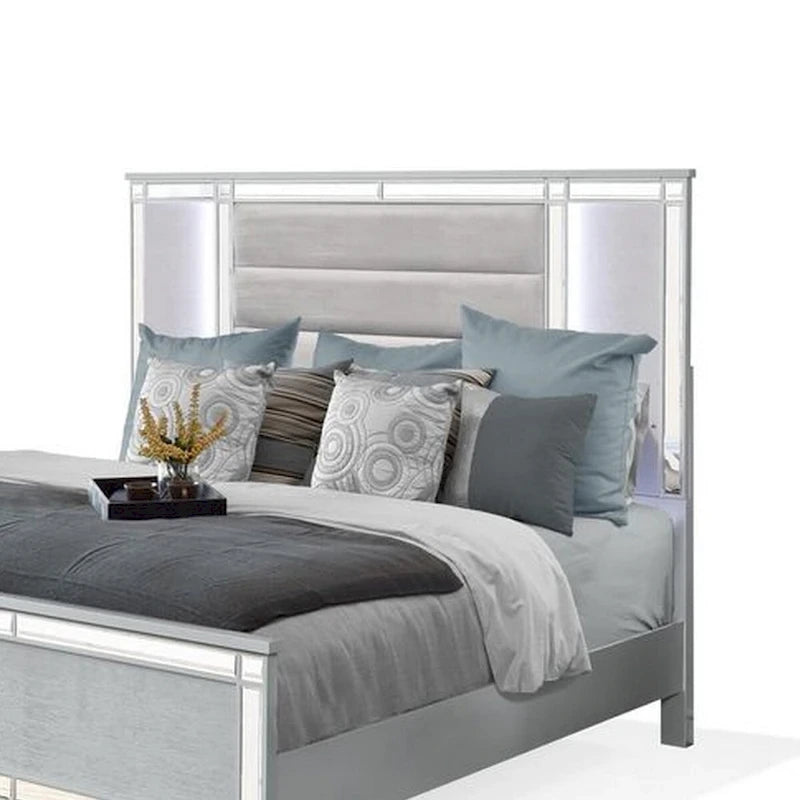 Modern King Size Bed with LED Lighting and Silver Velvet Upholstery