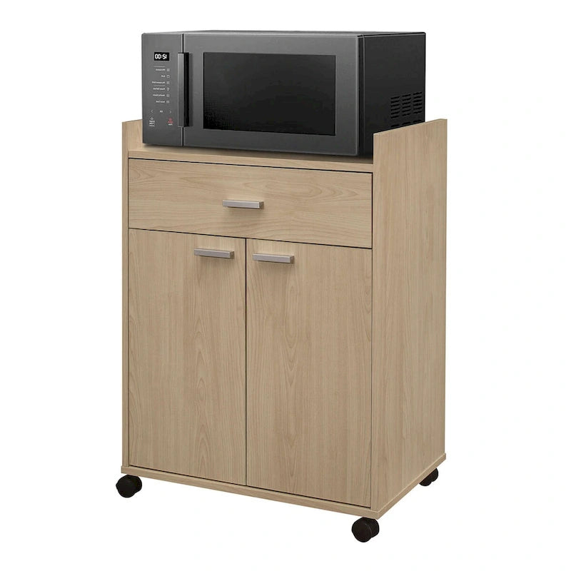 Kitchen Microwave Cart with Drawer and Two Doors, Beech Finish