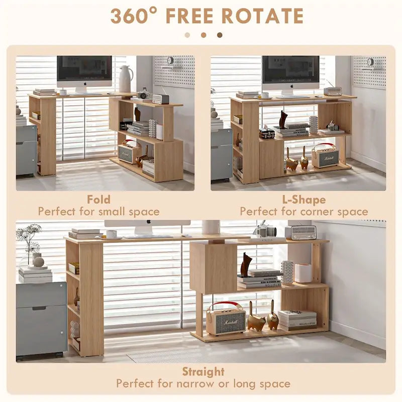 L-Shaped Rotating Corner Desk with Shelves