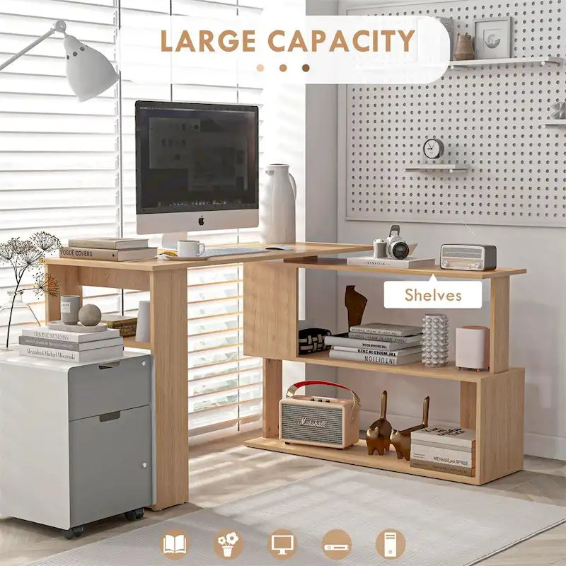 L-Shaped Rotating Corner Desk with Shelves