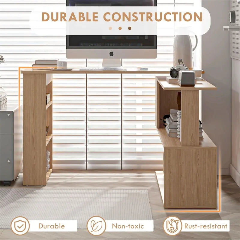 L-Shaped Rotating Corner Desk with Shelves