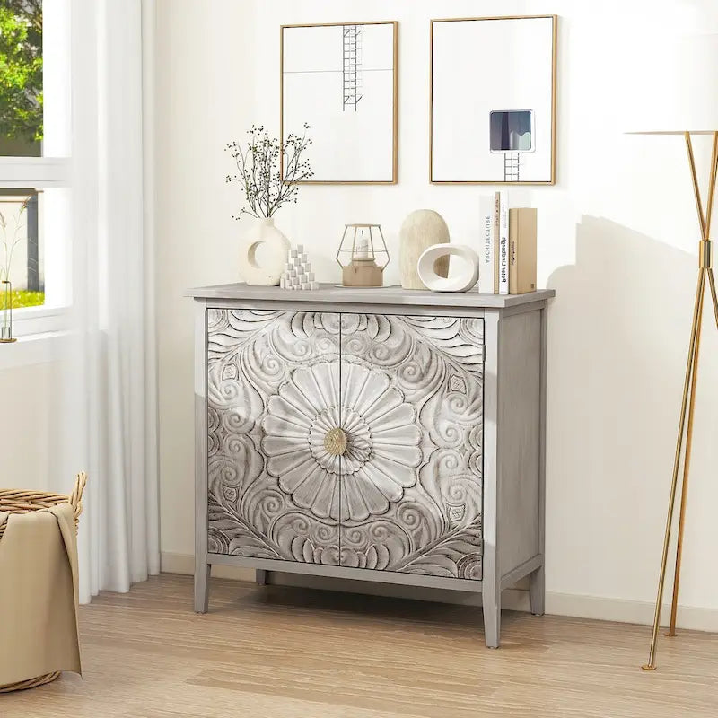 Grey and White Two-Door Floral Storage Cabinet