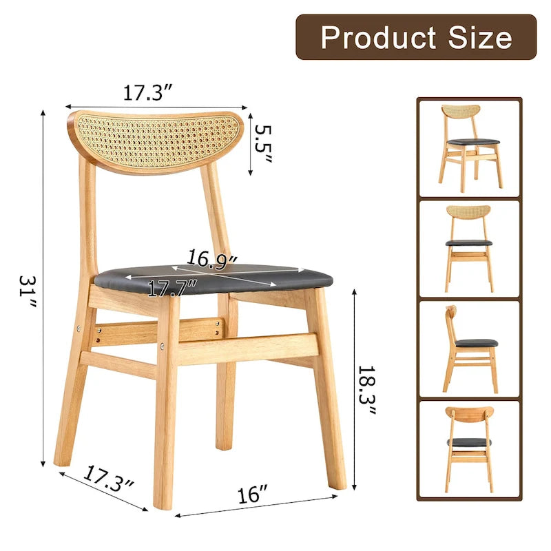 Wooden Dining Chairs Set of 2 with Curved Back and PU Cushion